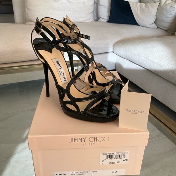 Authentic Jimmy Choo Glossy Elaphe black patent strappy heels, sz. 39 - Picture 7 of 14